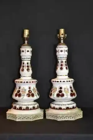 (Pr) RED BOHEMIAN CUT TO CLEAR LAMPS WITH HAND