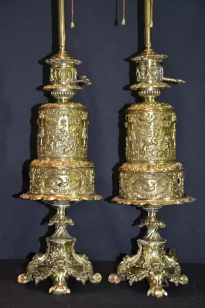 (Pr) FIGURAL EMBOSSED BRASS OIL LAMPS - 19" TALL