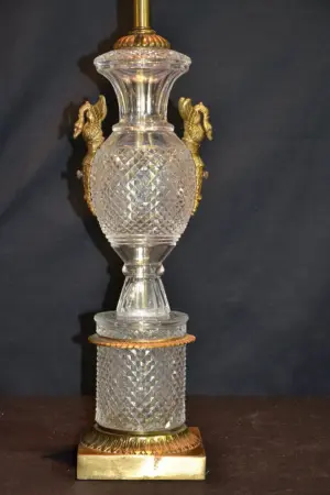 CRYSTAL URN LAMP WITH SWAN NECK HANDLES - 19"