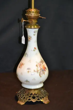 HAND PAINTED OPALINE CONVERTED OIL LAMP BY