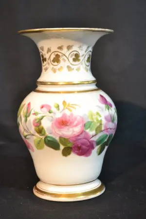 HAND PAINTED OPALINE VASE WITH FLOWERS & WAVY RIM