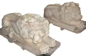 (Pr) LIFE SIZE CARVED MARBLE RECUMBENT LIONS