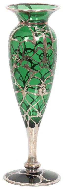 Green Glass & Sterling Overlay Vase