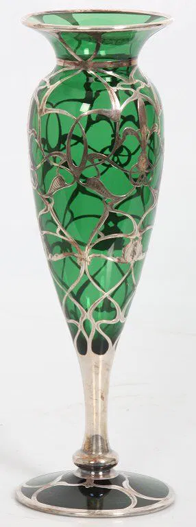Green Glass & Sterling Overlay Vase - Image 10