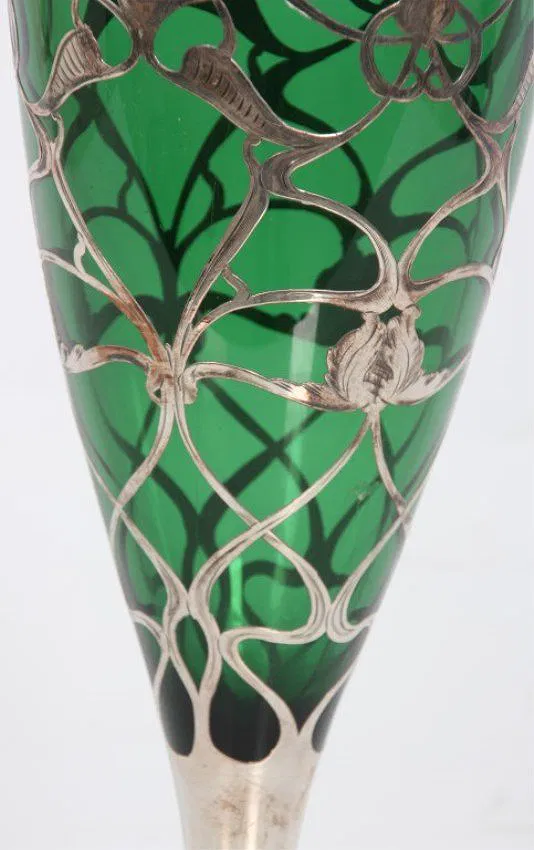 Green Glass & Sterling Overlay Vase - Image 8