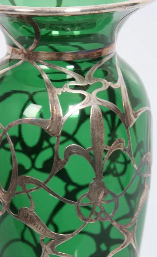 Green Glass & Sterling Overlay Vase - Image 7