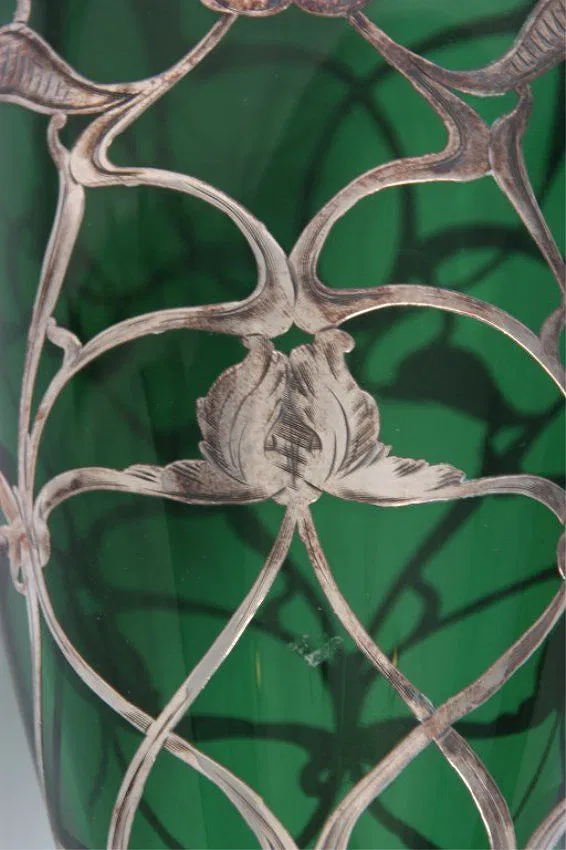 Green Glass & Sterling Overlay Vase - Image 6