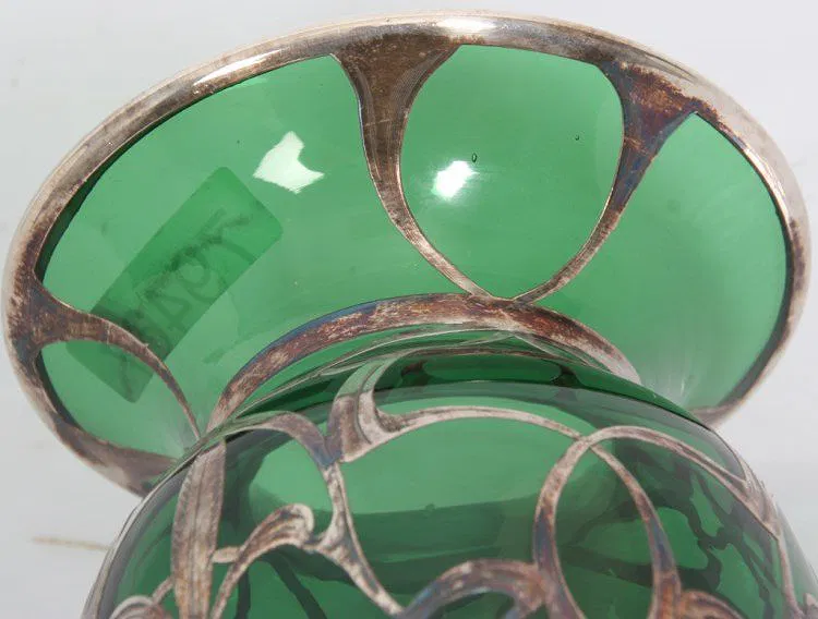 Green Glass & Sterling Overlay Vase - Image 5