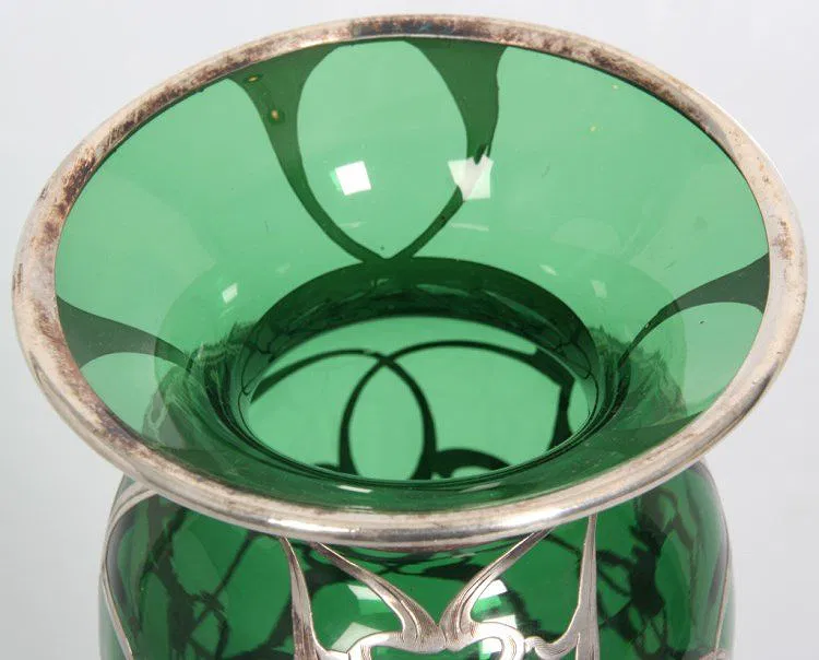 Green Glass & Sterling Overlay Vase - Image 4