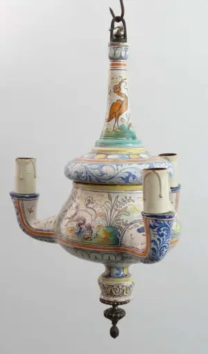 Maiolica : A pendant lamp in the Quimper style having