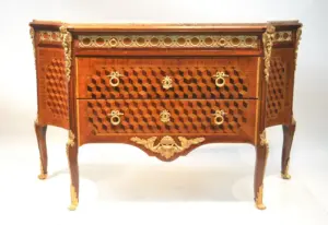 FRENCH PARQUETRY INLAID MARBLE TOP COMMODE