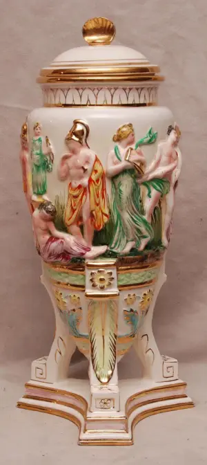 Capodimonte covered urns (one damaged)