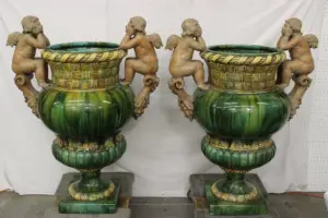 Pair massive majolica pottery planter