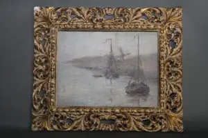 ANTIQUE OIL ON BOARD PAINTING DUTCH SAILBOATS