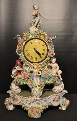 DRESDEN CLOCK CASE WITH ENCRUSTED FLOWERS
