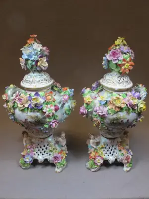 German Dresden pair of porcelain urns