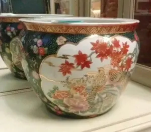 INTRICATE CERAMIC ORIENTAL FISH BOWL LARGE ASIAN BIRDS