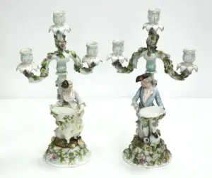 Pair Of Dresden Three Branch Figural Candelabra