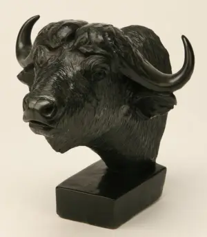 Carved marble sculpture of cape buffalo mount