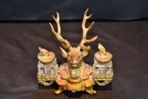 GILT METAL DEER HEAD DOUBLE INKWELL