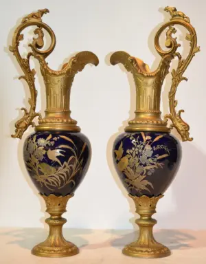 (Pr) COBALT PORCELAIN & FIGURAL GILT METAL EWERS