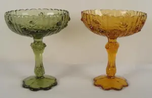 2 Fenton Glass Open Compotes Green & Amber Rose 1960s