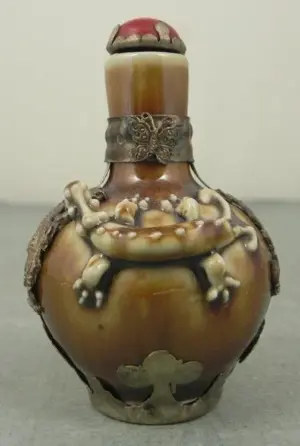 Antique Chinese Silver & Porcelain Dragon Snuff Bottle
