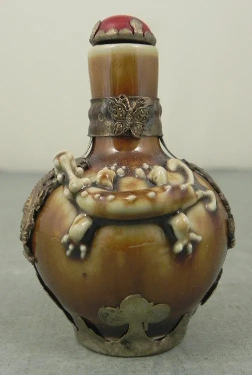 Antique Chinese Silver & Porcelain Dragon Snuff Bottle