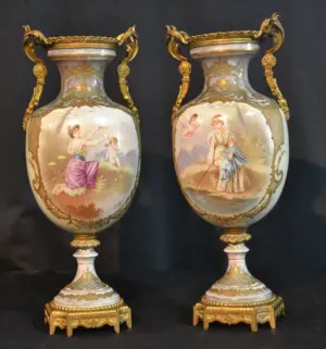 (Pr) SEVRES TWIN HANDLE URNS WITH BRONZE MOUNTS