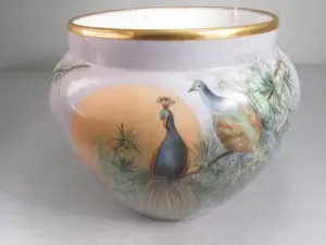 VIGNAUD LIMOGES HAND PAINTED PEACOCK MOTIF PLANTER/POT