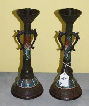 Pair 19th C bronze and cloisonne candlesticks.