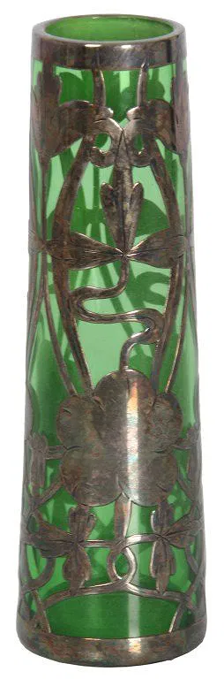 Green Glass & Silver Overlay Vase