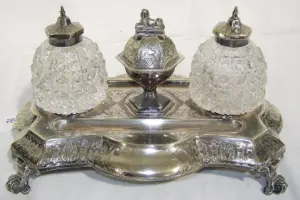 19th C.Ornate Shieffield Encrier, w/ Cut Crystal Insert