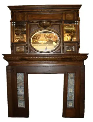 American mantel in oak with tiles & overmantel with