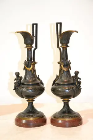(Pr) BRONZE EWERS WITH CHERUBS ON SIDES RAISED
