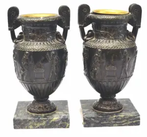 (PAIR)DIMINUTIVE EMPIRE STYLE BRONZE & MARBLE URNS