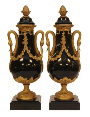 Pr DORE BRONZE MOUNTED BLACK MARBLE URNS