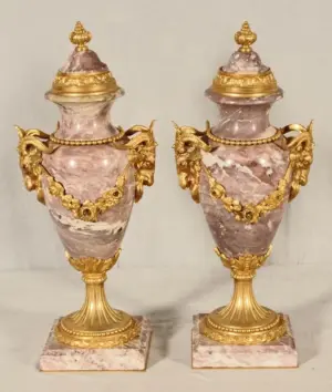 PR. FRENCH BRONZE & ROUGE MARBLE CASSOLETTES/ URNS.