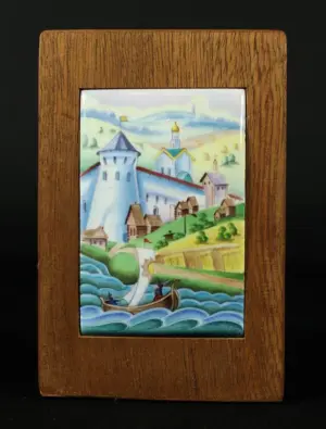RUSSIAN ENAMEL PLAQUE IN WOOD FRAME