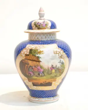 HAND PAINTED DRESDEN COVERED URN WITH FIGURAL